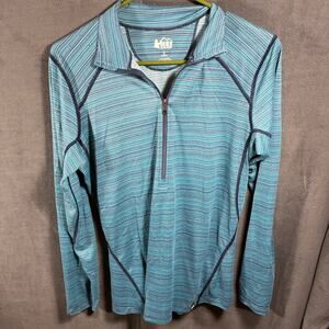 REI co op women 1/4 zip top large blue striped outdoor hiking camping